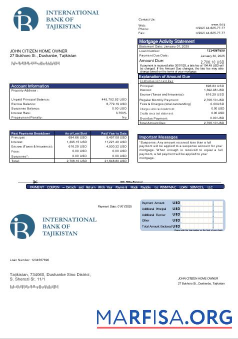 Realistic Tajikistan ITB bank mortgage statement in Word and PDF formats example